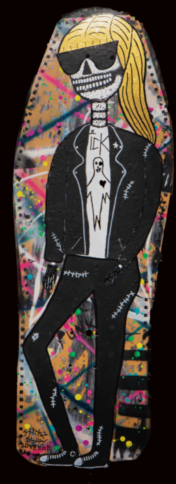 Skeleton Steph character painted on old school skate board deck